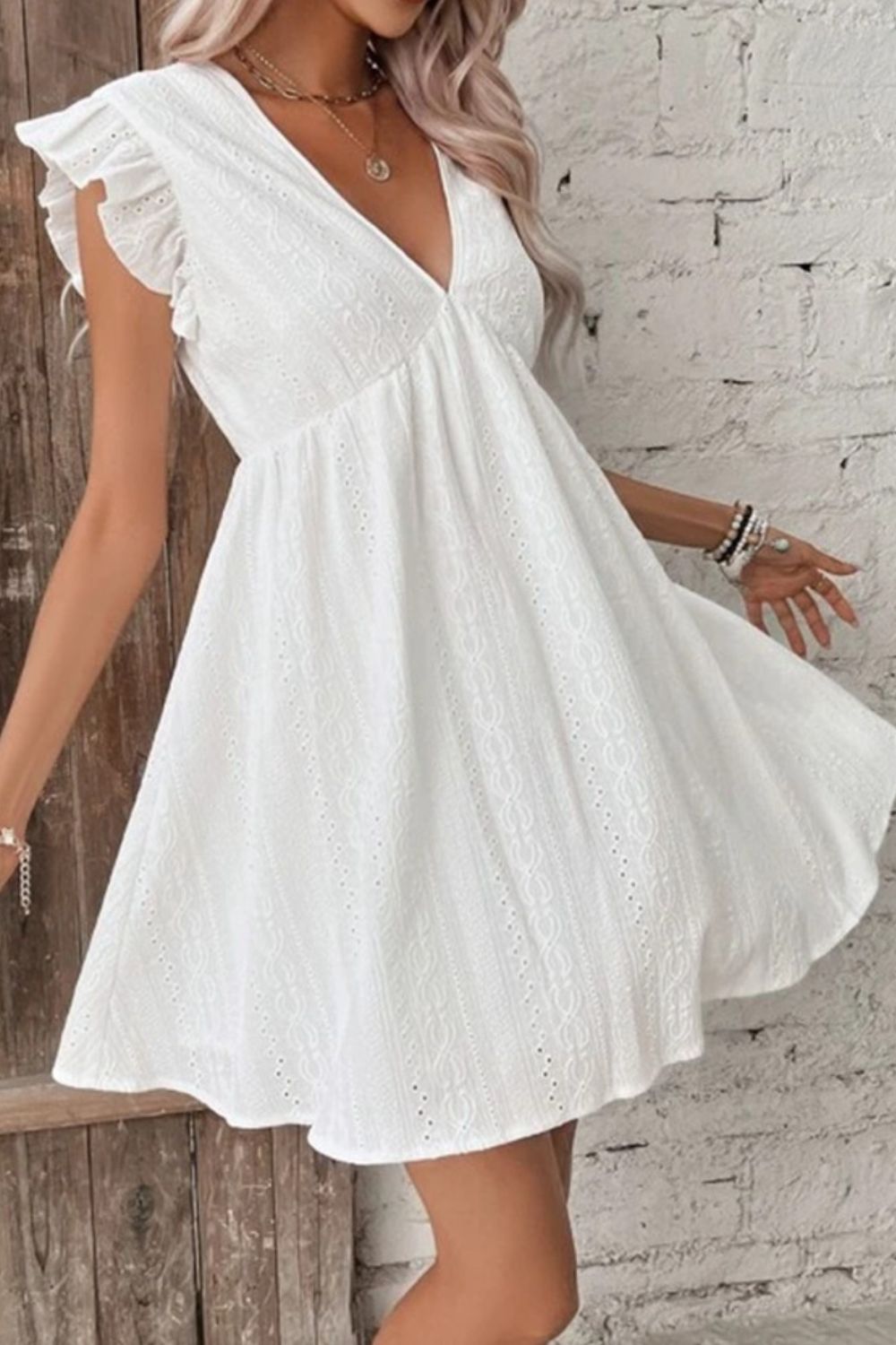 Eyelet Ruffled Cap Sleeve White Mini Dress