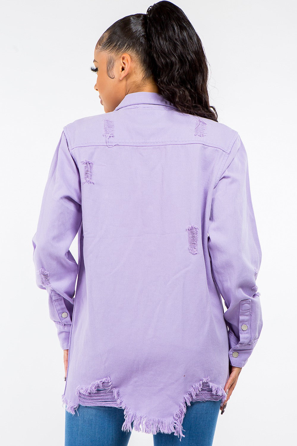 Frayed Hem Distressed Lavender Denim Jacket