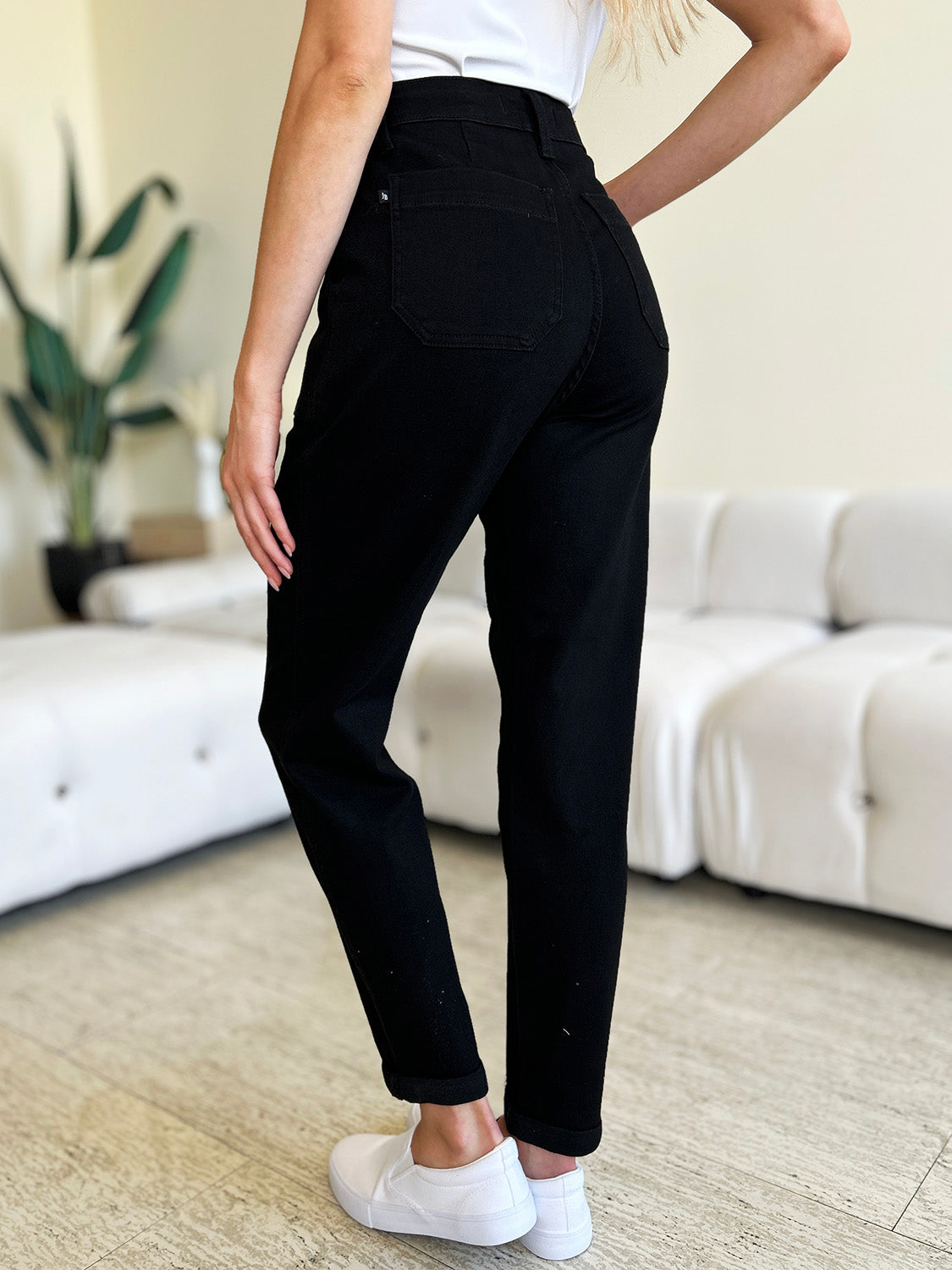 Black High Waist Double Roll Cuff Jeans