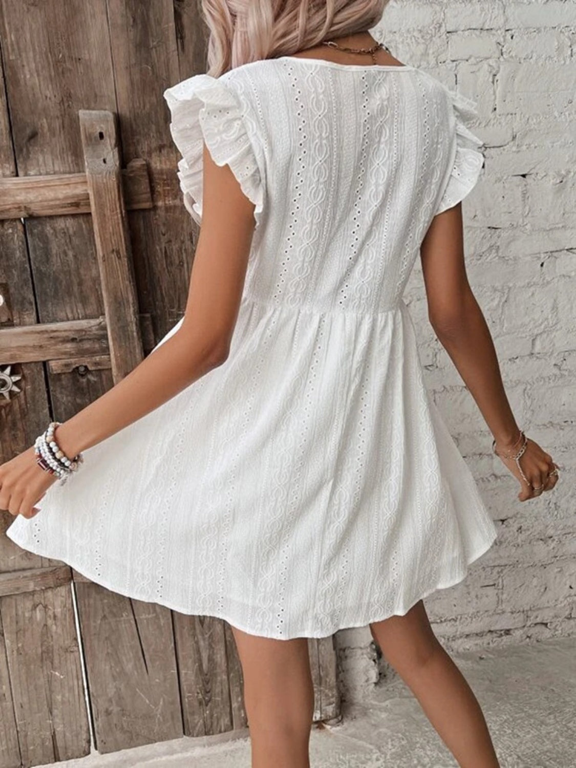 Eyelet Ruffled Cap Sleeve White Mini Dress