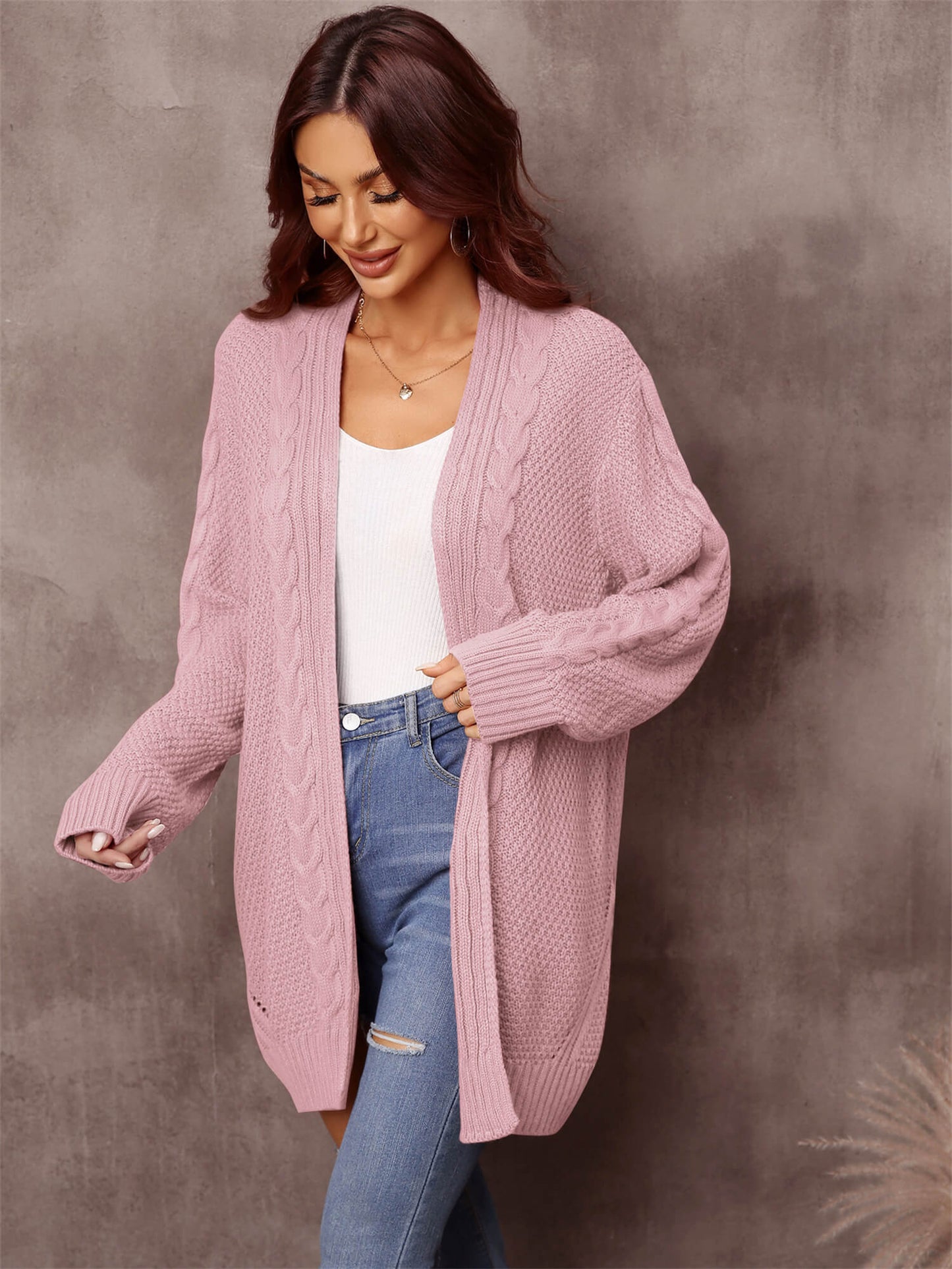 Solid Woven Knit Open Front Cardigan