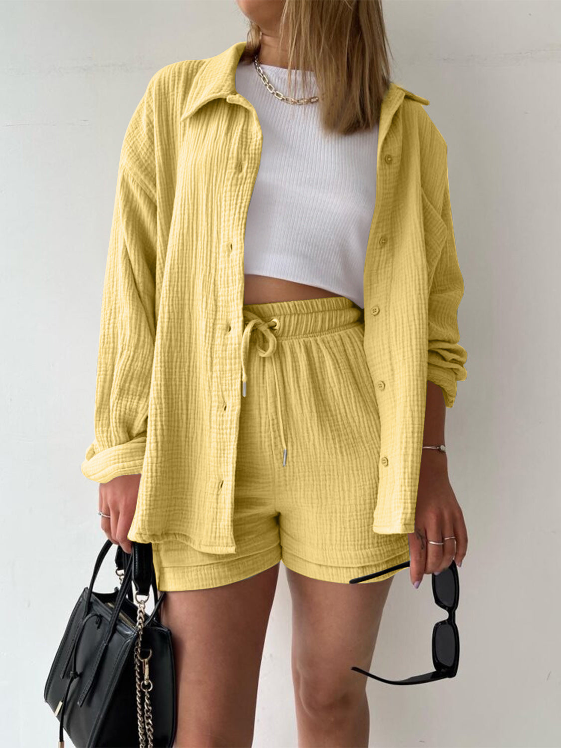 Textured Shirt and Drawstring Shorts Set