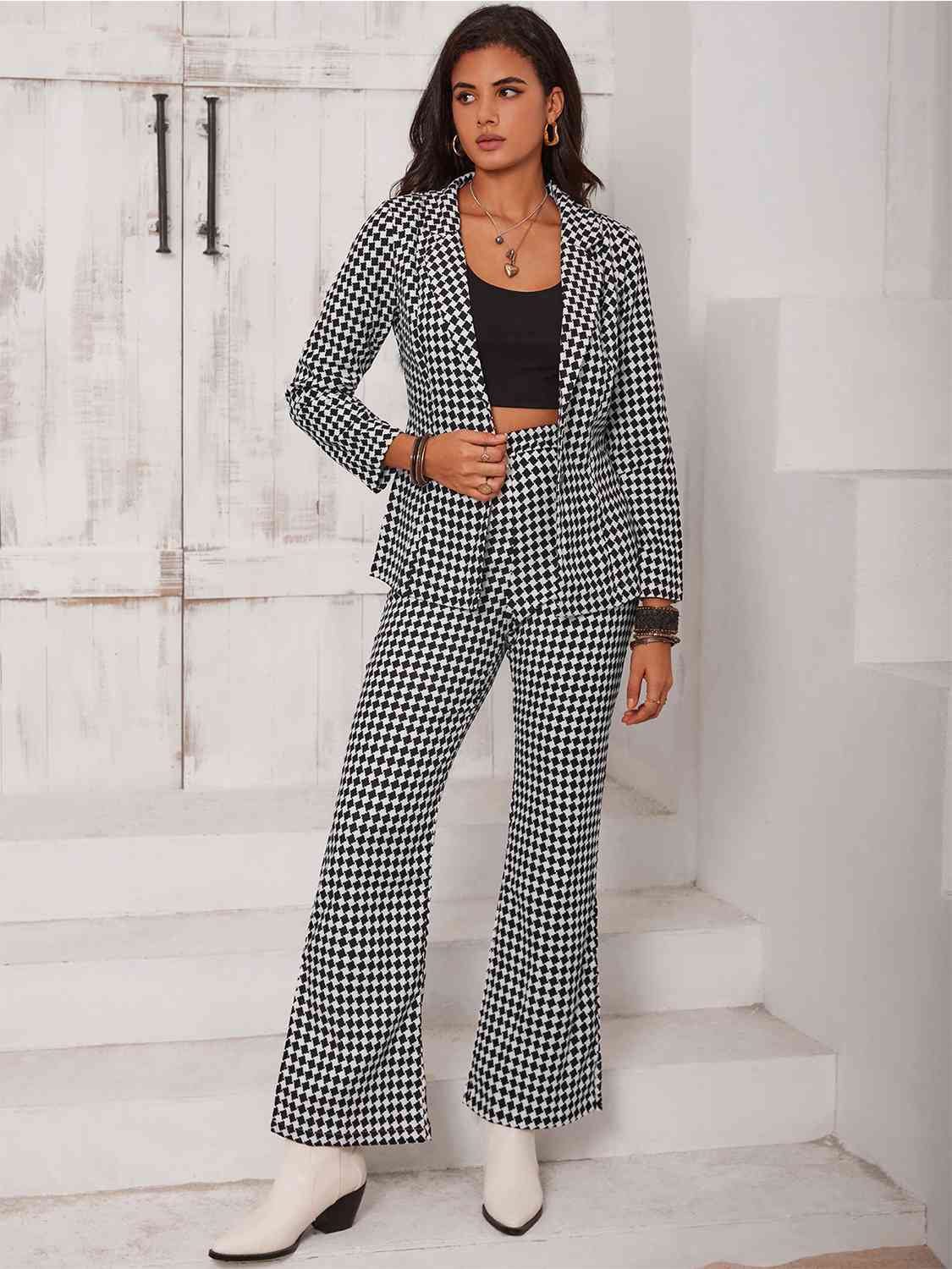 Micro Checkered Blazer & Slit Pants Set