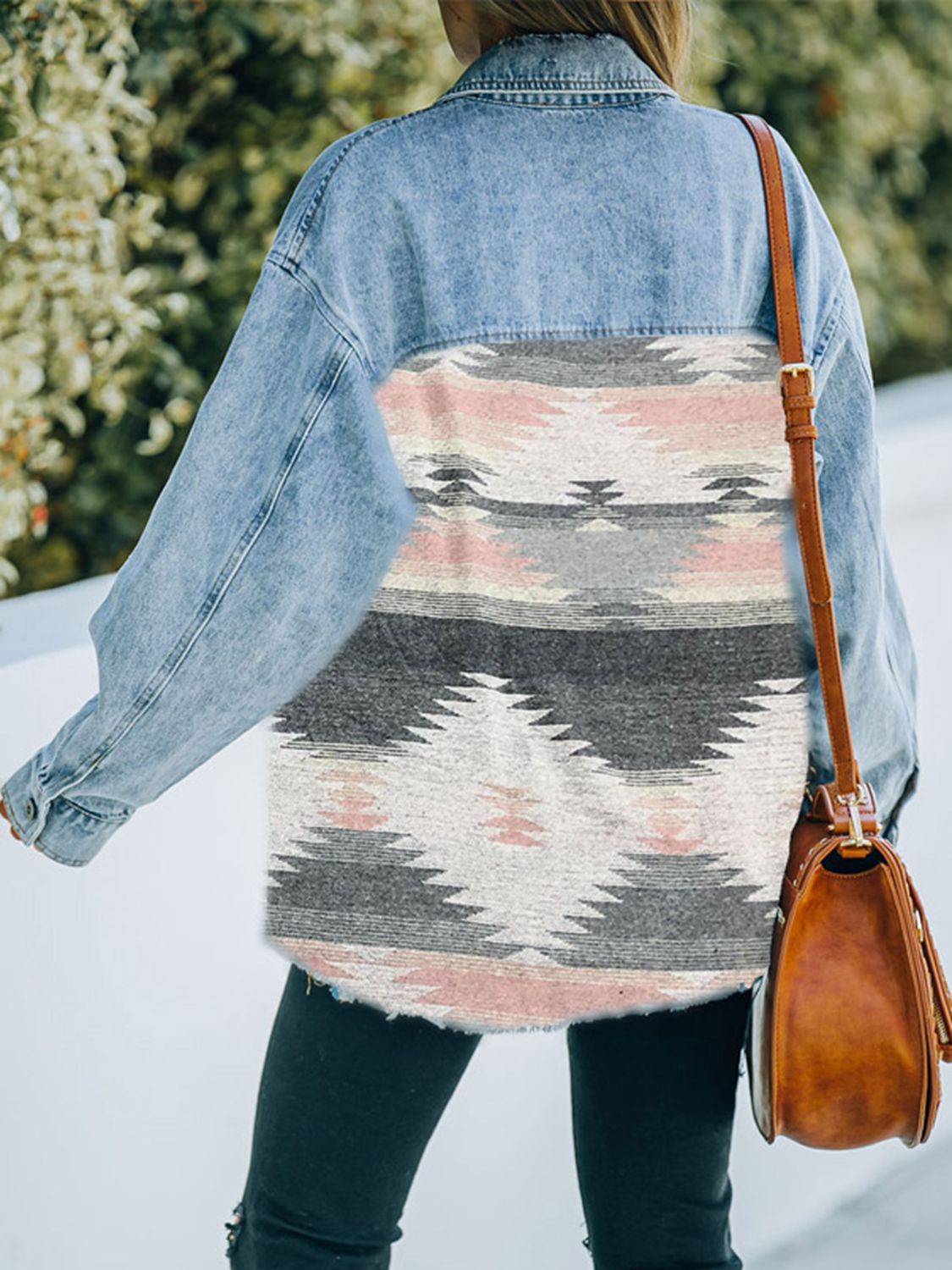 Geometric Print Accented Denim Jacket