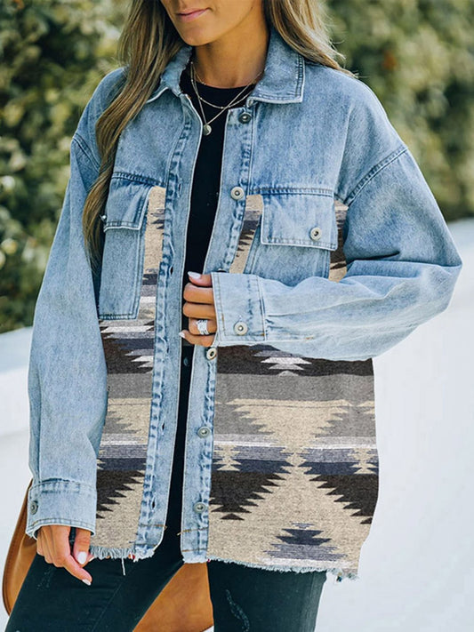 Geometric Print Accented Denim Jacket