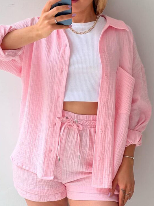 Textured Shirt and Drawstring Shorts Set