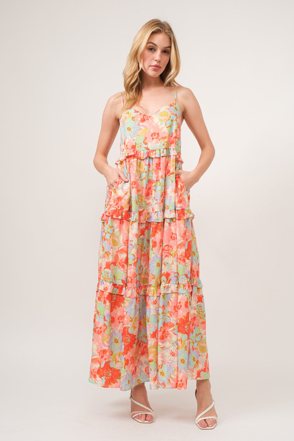 Coral Floral Ruffled Tiered Maxi Dress