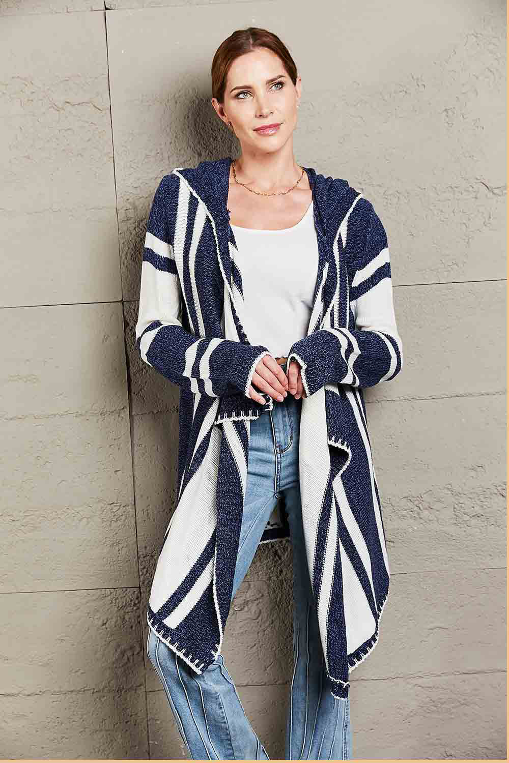 Striped Open Front Hooded Cardigan