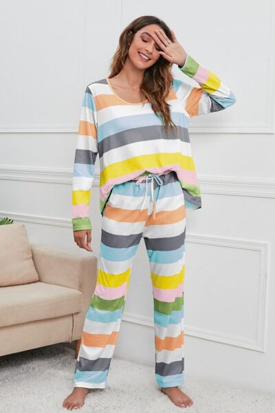 Striped Top and Drawstring Pants Lounge Set