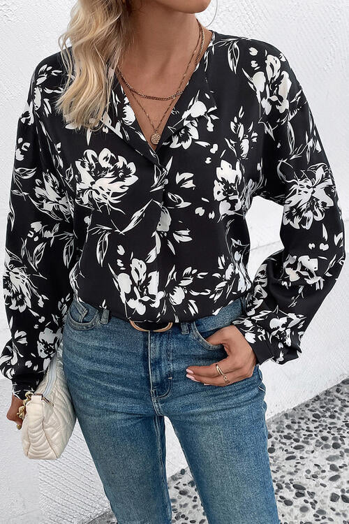 White Floral Long Sleeve Black Blouse