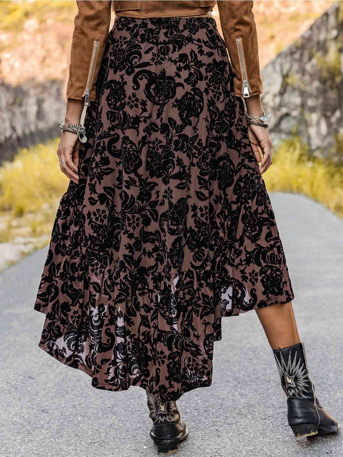 Floral Contrast Ruffled Midi Skirt