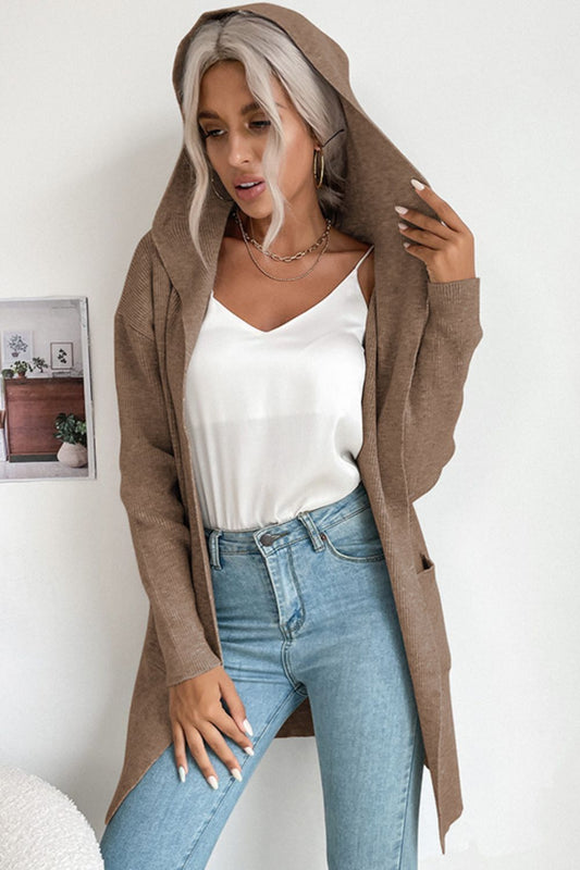 Solid Open Front Hooded Cardigan