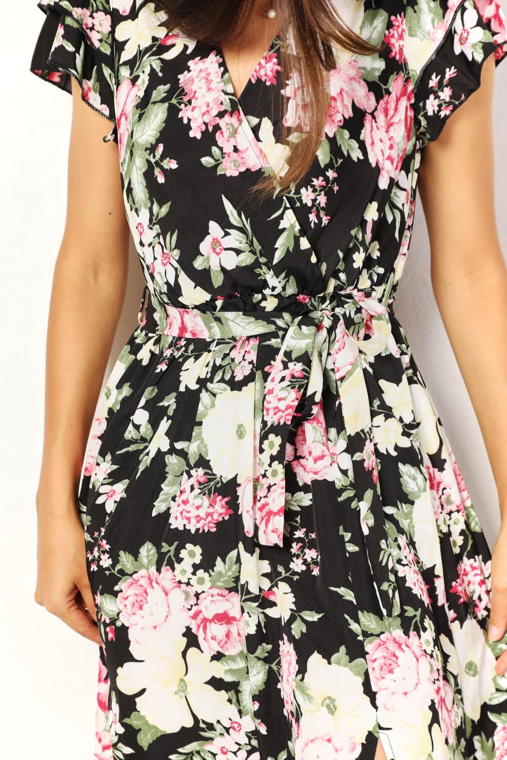 Floral Flutter Sleeve Split Midi Dress