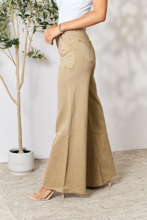 Tan Raw Hem Wide Leg Jeans