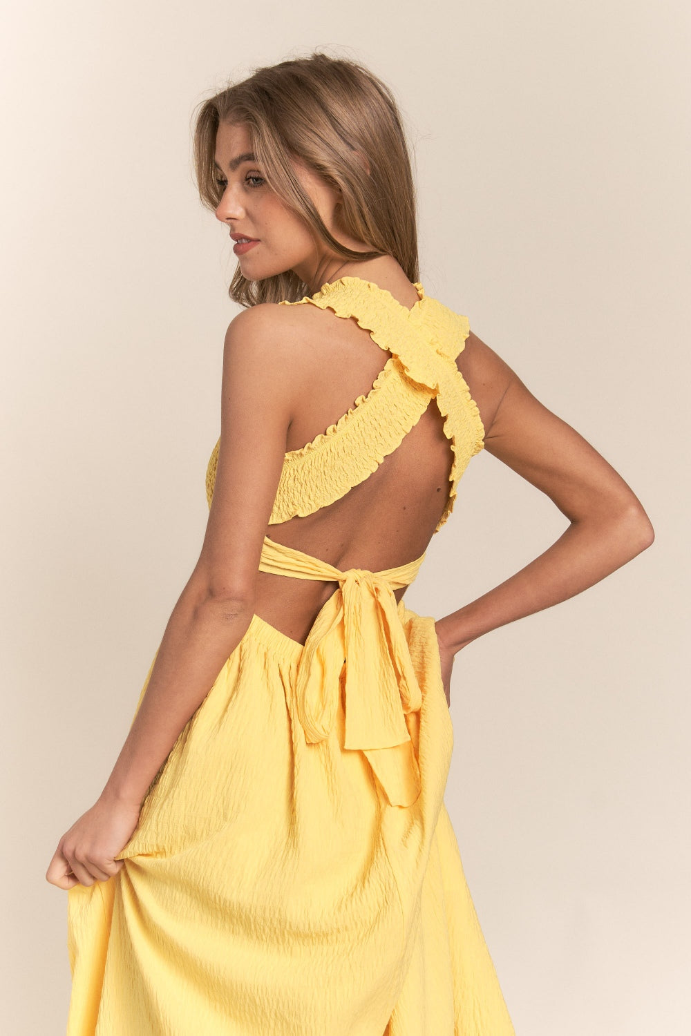 Yellow Crisscross Back Tie Smocked Maxi Dress