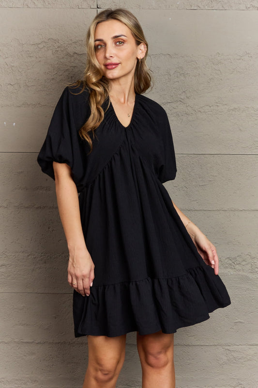 Black V-Neck Puff Sleeve Mini Dress