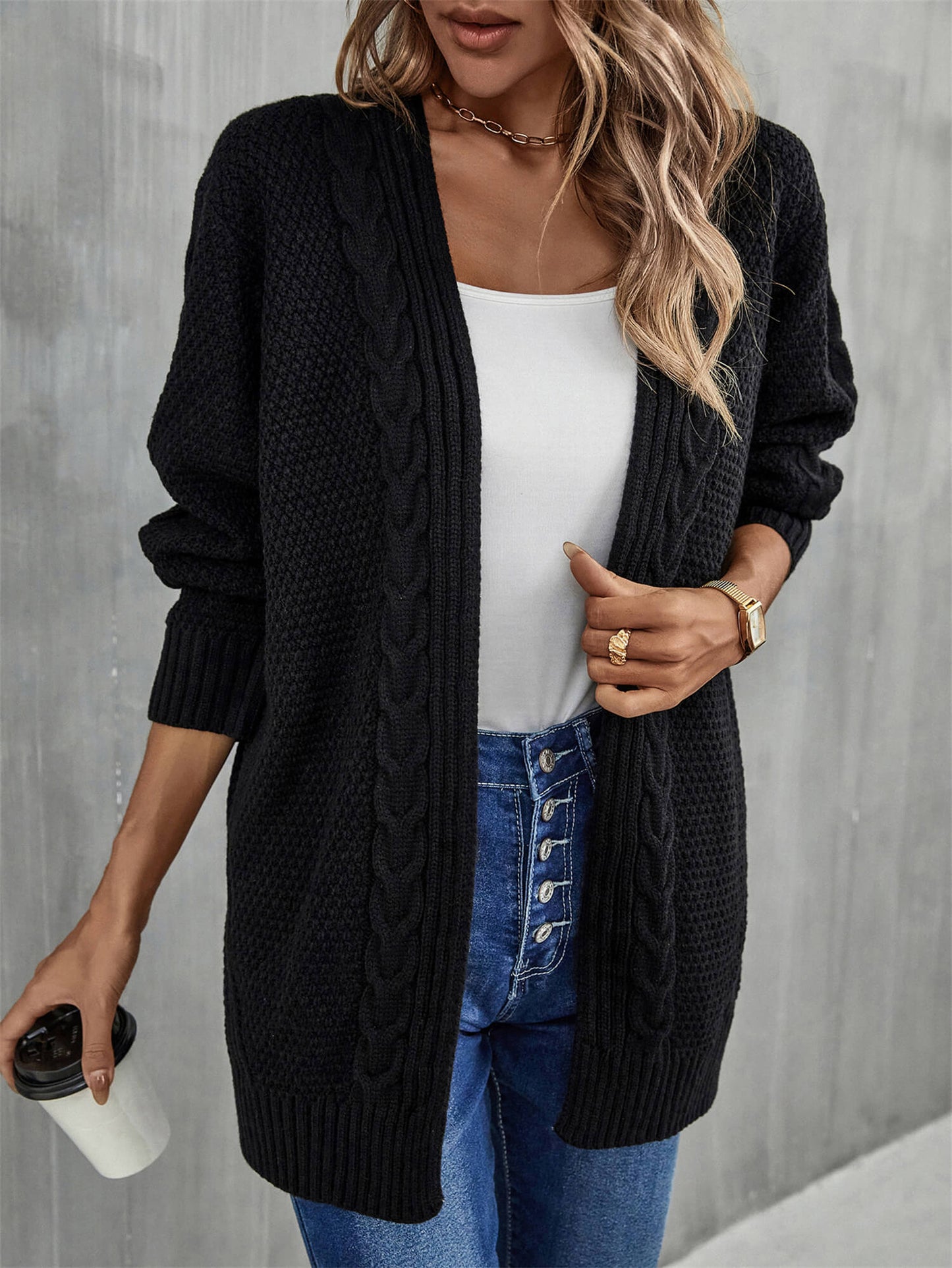 Solid Woven Knit Open Front Cardigan