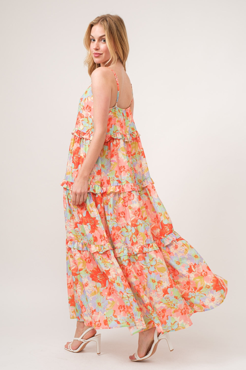 Coral Floral Ruffled Tiered Maxi Dress