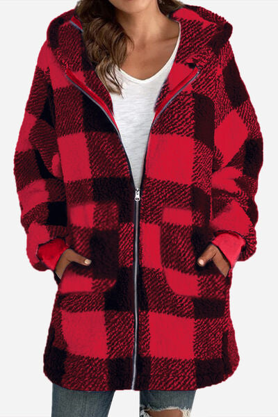 Plaid Long Sleeve Hooded Jacket