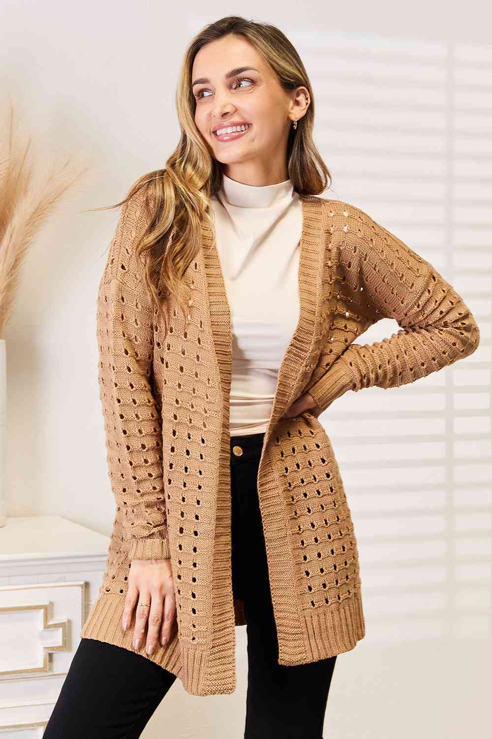 Openwork Ribbing Open Front Cardigan