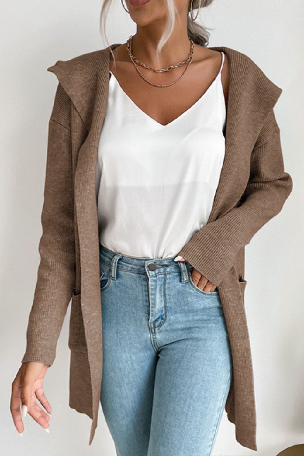 Solid Open Front Hooded Cardigan