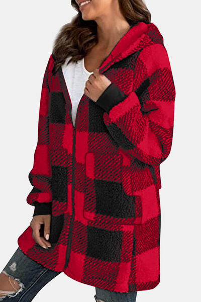 Plaid Long Sleeve Hooded Jacket