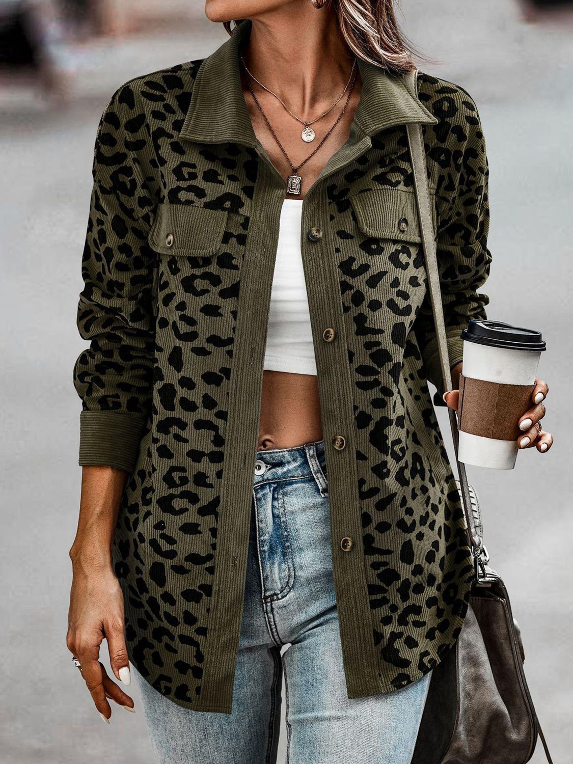 Leopard Print Corduroy Contrast Jacket