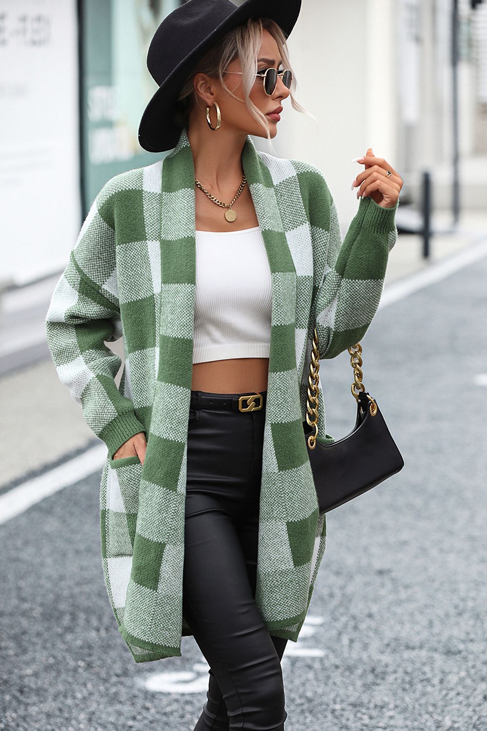 Plaid Dropped Shoulder Long Cardigan