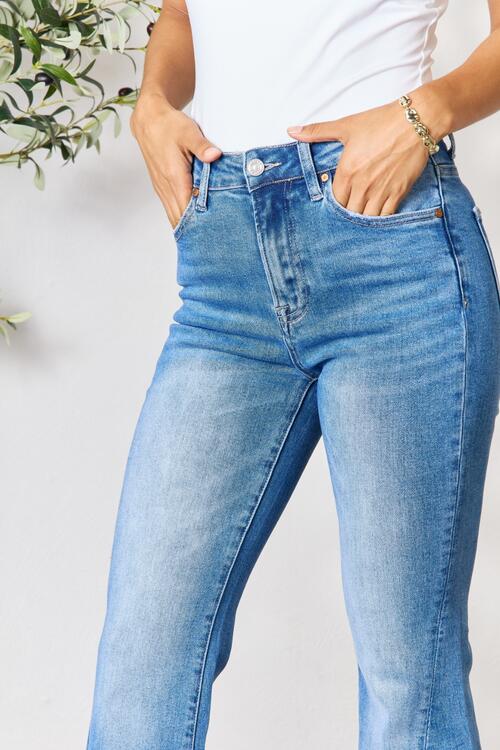 Med Blue Slit Flare Jeans