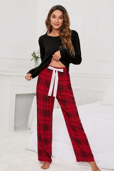 Long Sleeve Top & Plaid Pants Lounge Set