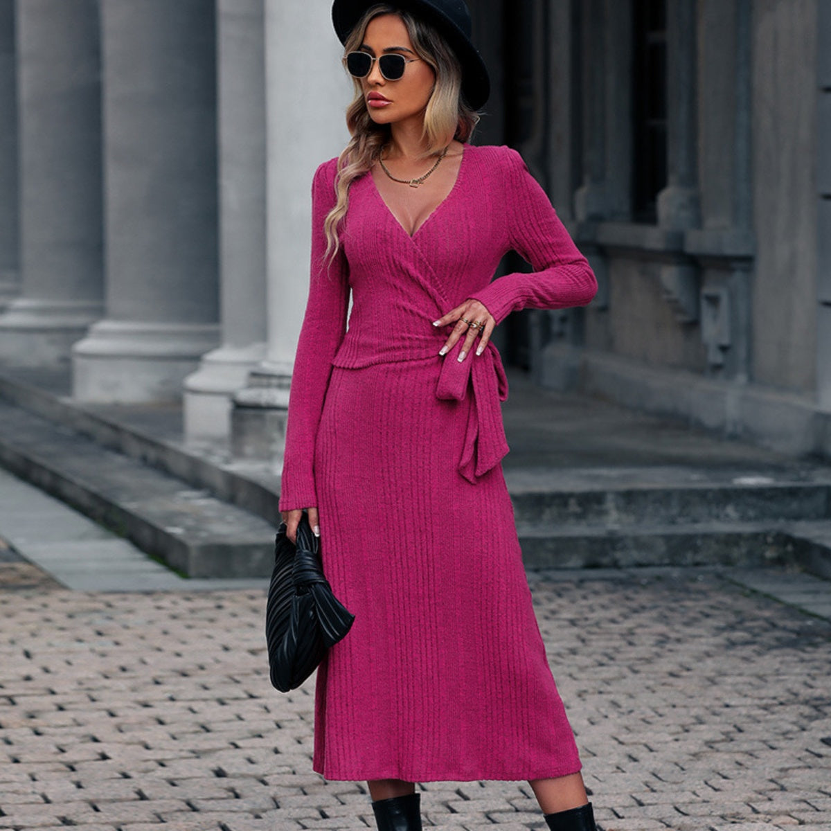 Ribbed-Knit Surplice Neck Tied Midi Dress