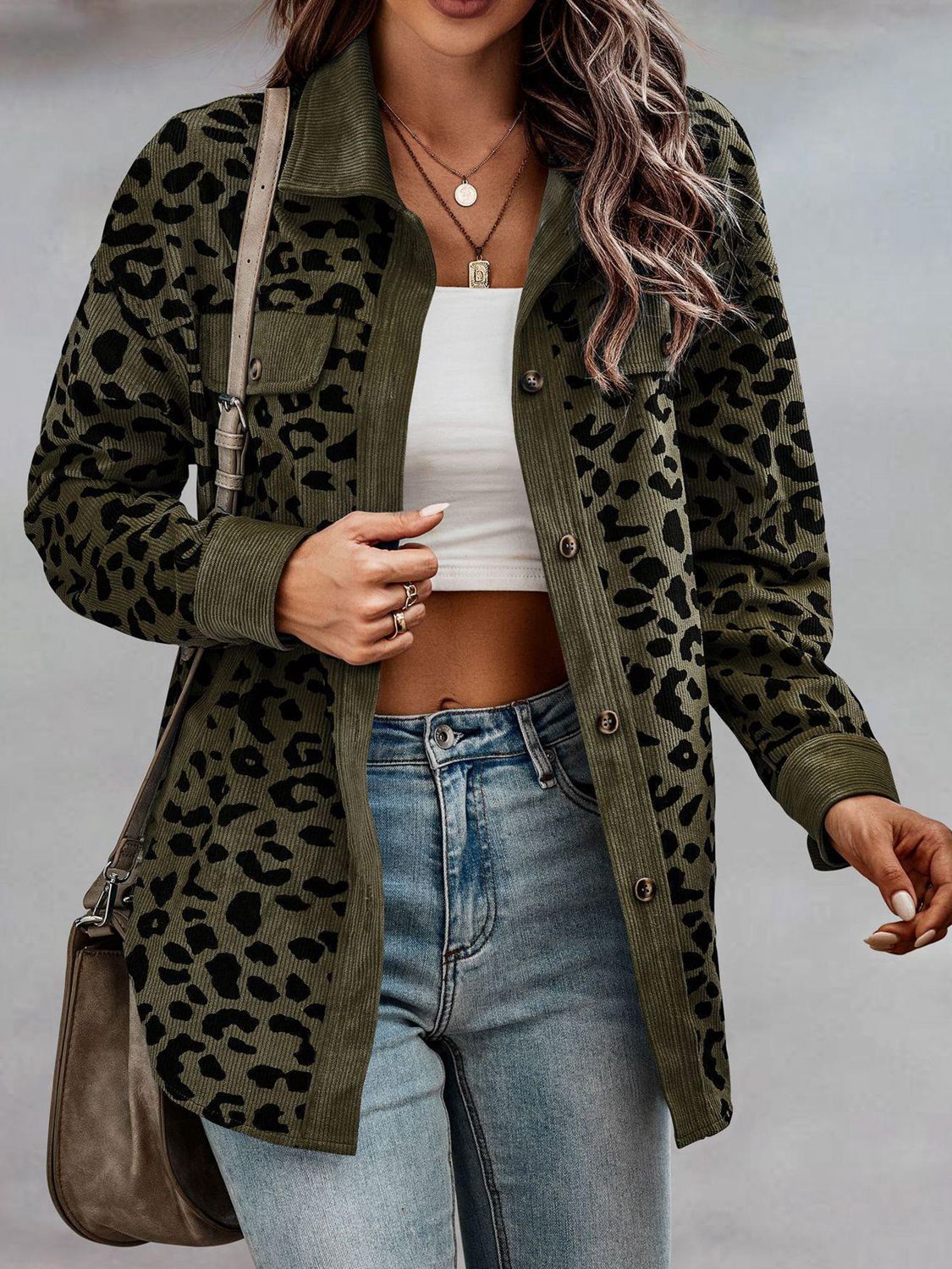 Leopard Print Corduroy Contrast Jacket