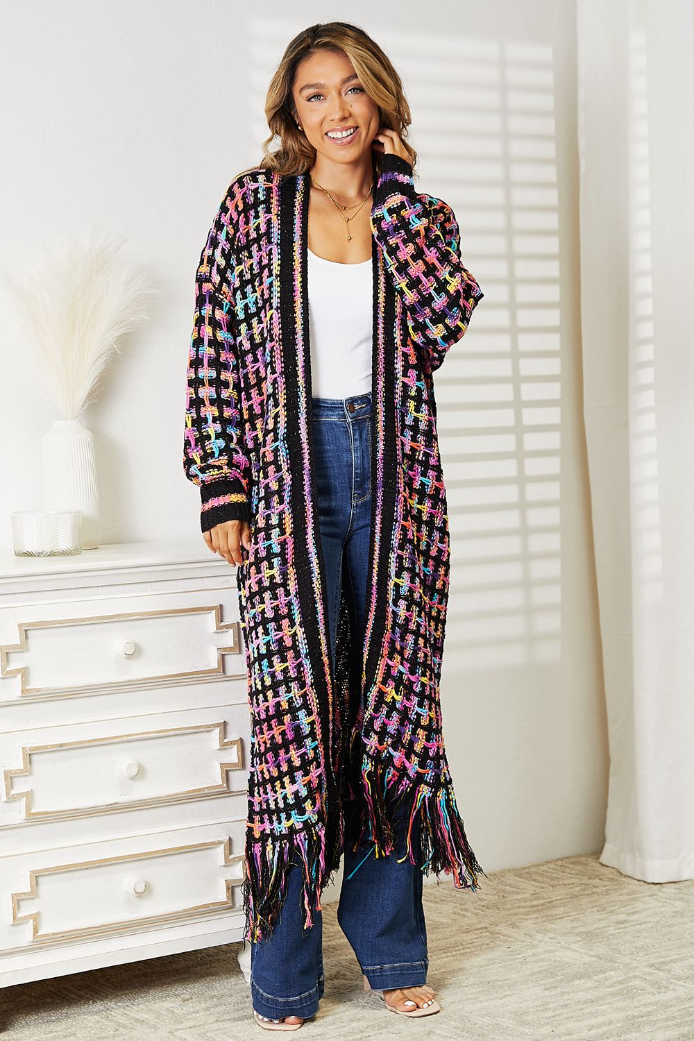 Multicolored Fringe Hem Duster Cardigan