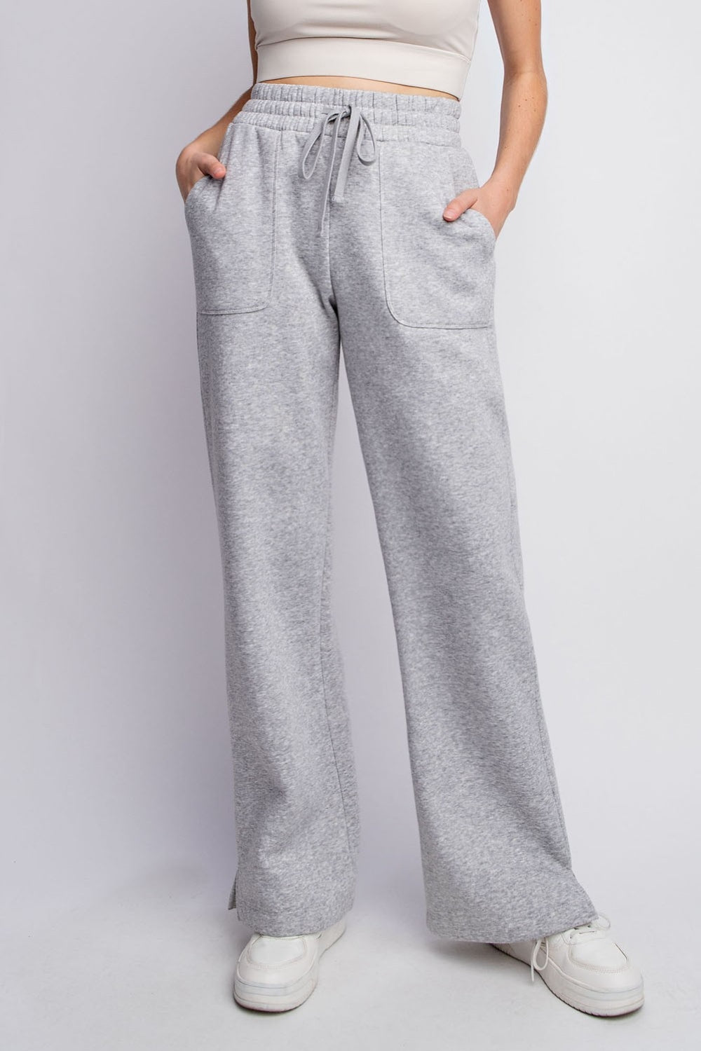 Grey Drawstring Straight Leg Slit Sweatpants