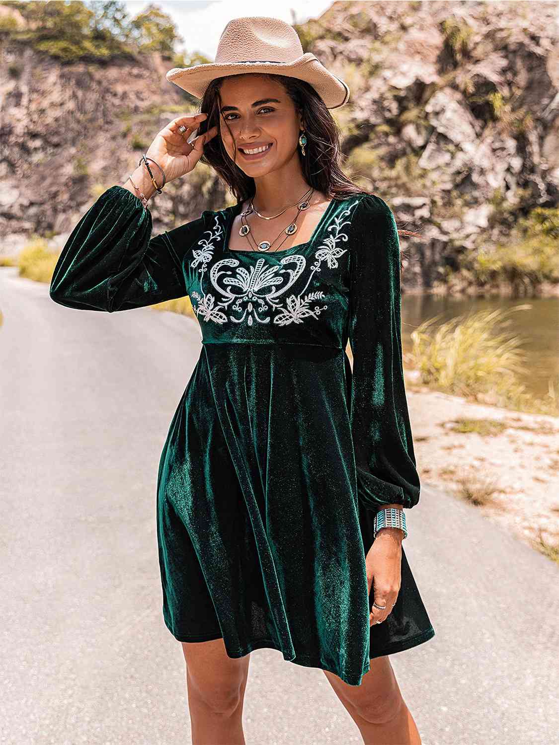 Embroidered Front Square Neck Mini Dress