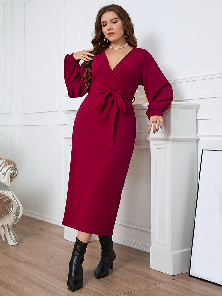 Burgundy Surplice Neck Tie Waist Dress