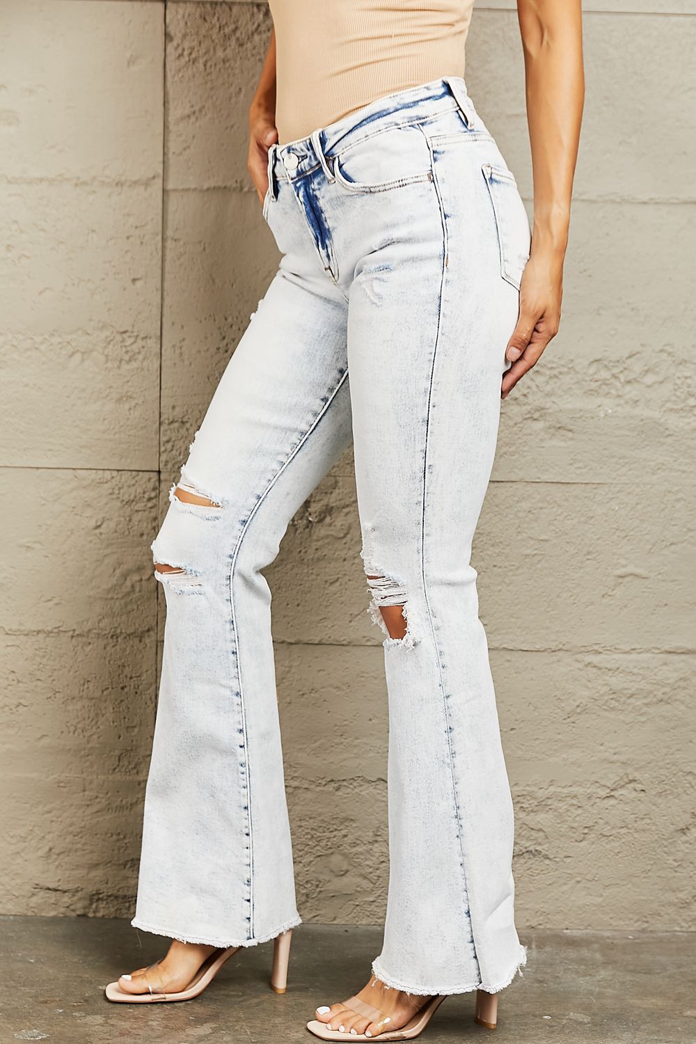 Mid Rise Acid Wash Distressed Flare Jeans