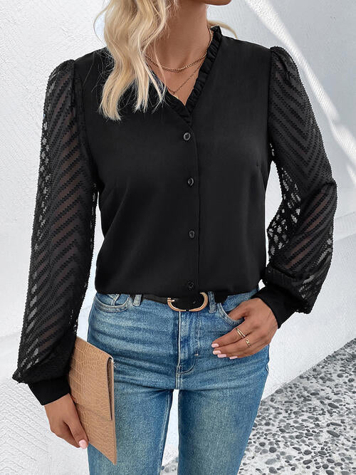 Black Mesh V-Neck Blouse