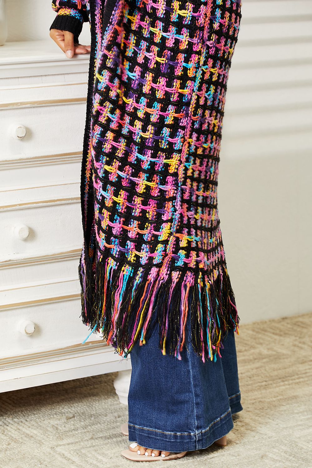 Multicolored Fringe Hem Duster Cardigan