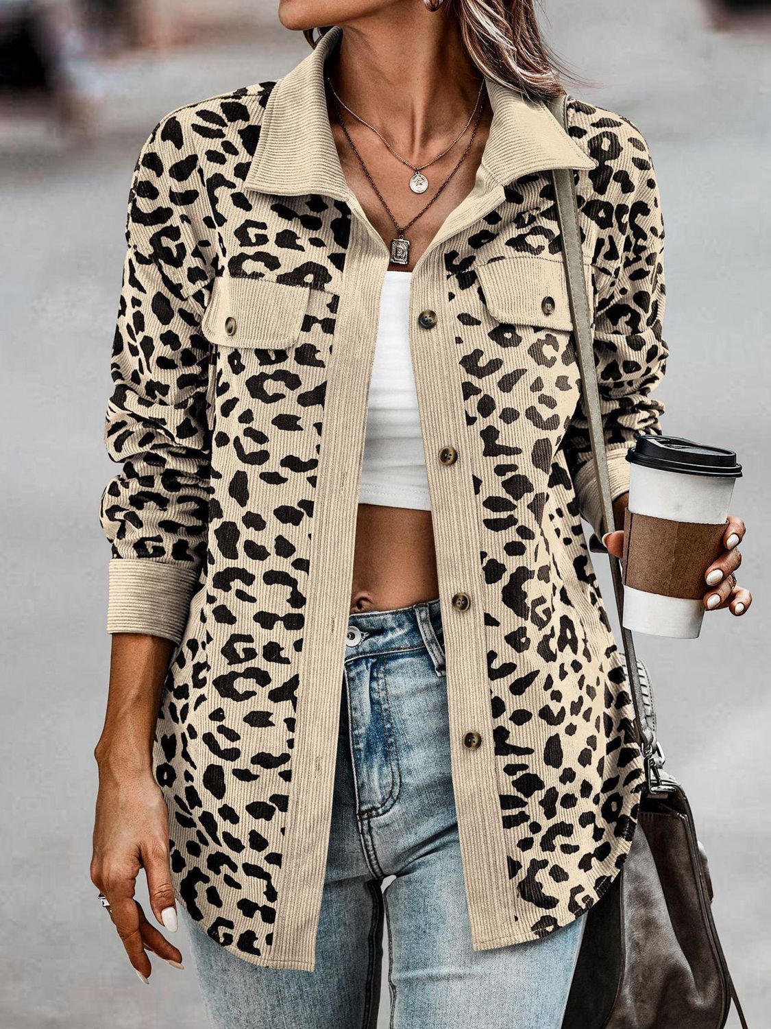 Leopard Print Corduroy Contrast Jacket