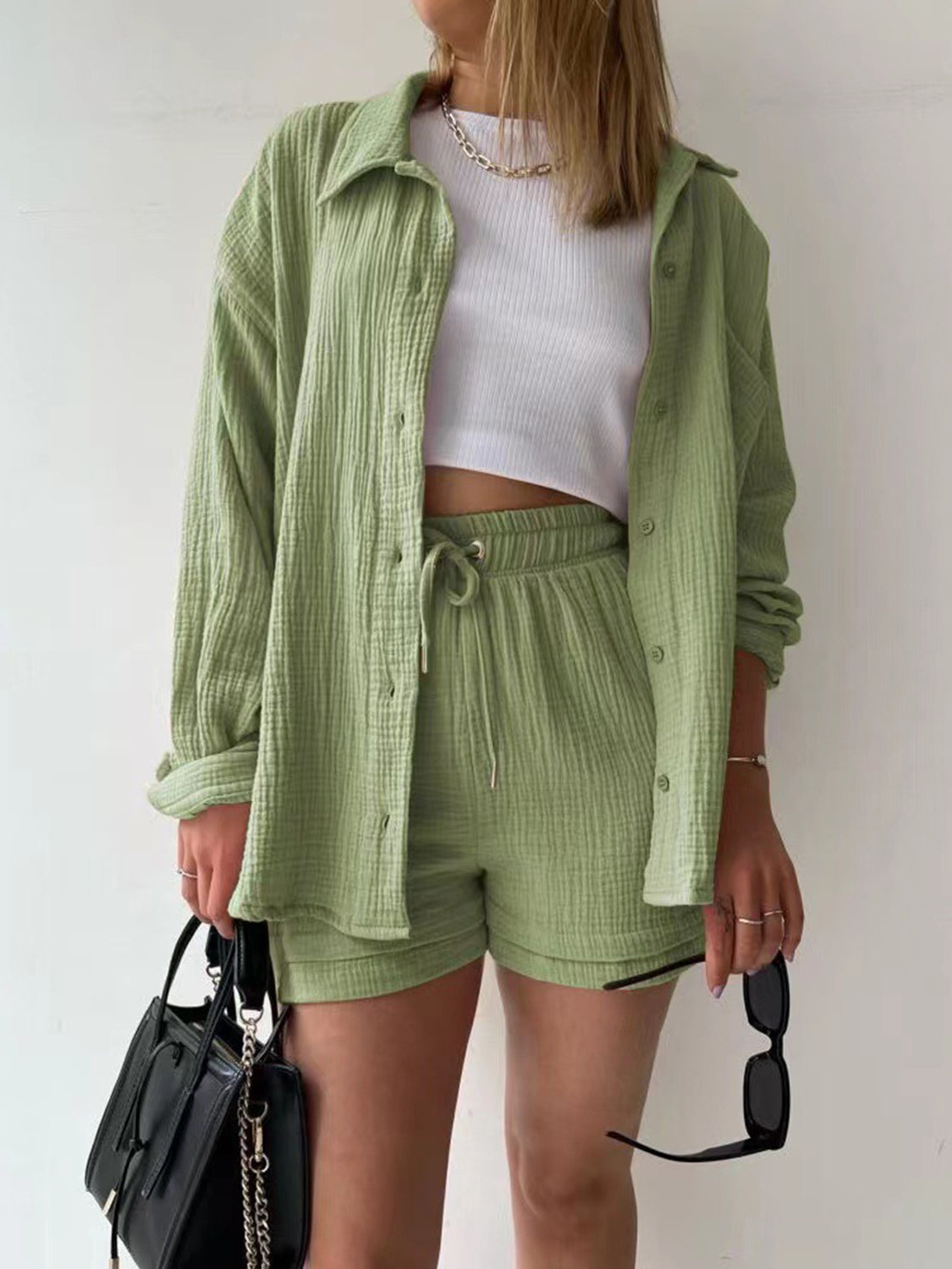 Textured Shirt and Drawstring Shorts Set