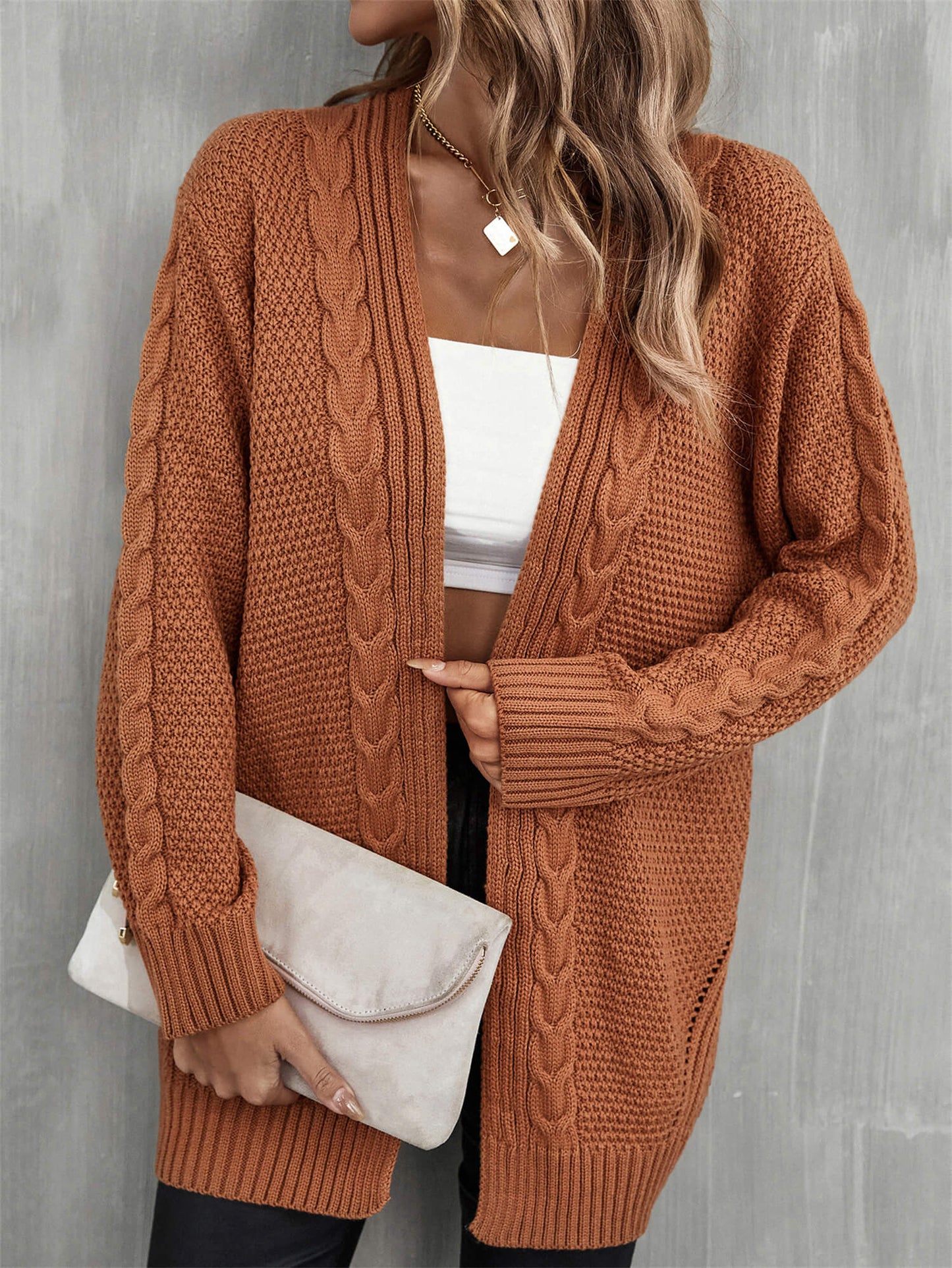 Solid Woven Knit Open Front Cardigan