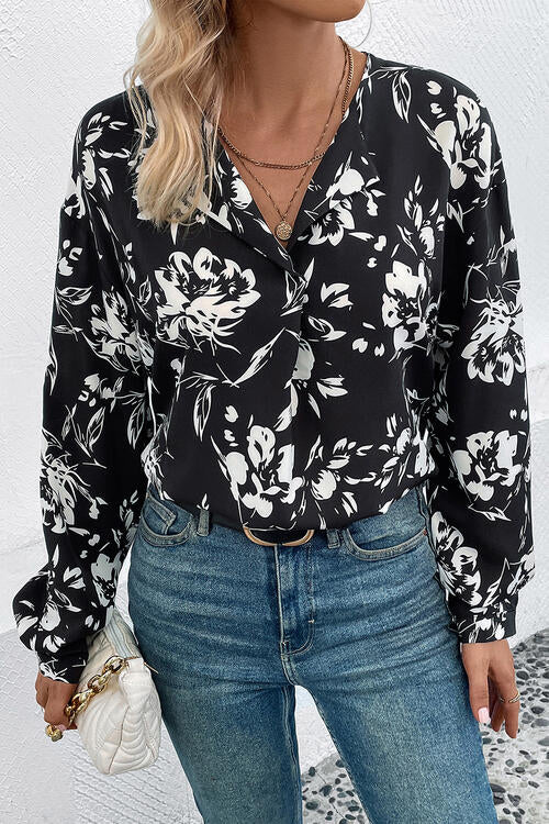 White Floral Long Sleeve Black Blouse