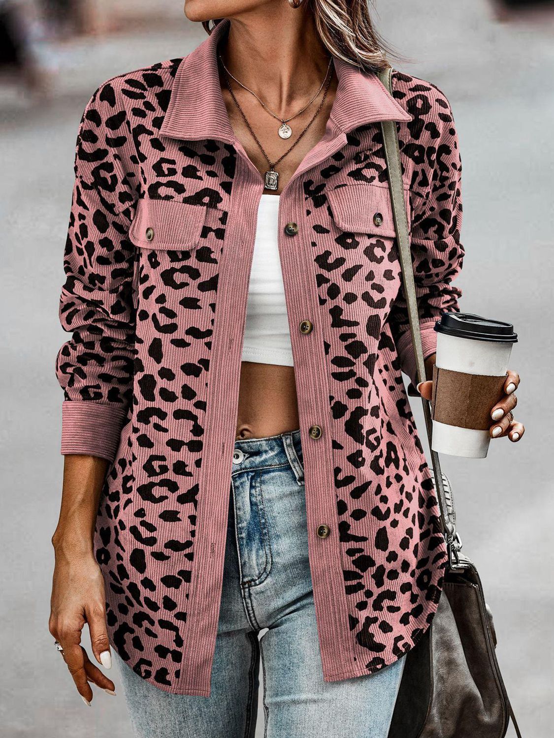 Leopard Print Corduroy Contrast Jacket