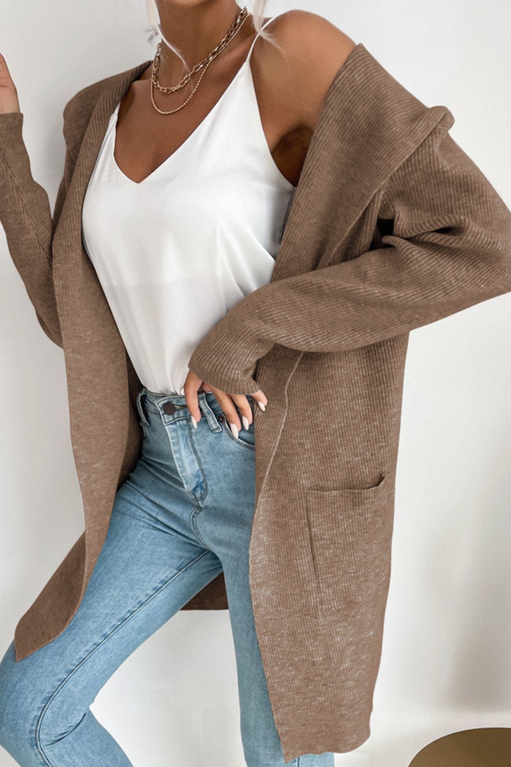 Solid Open Front Hooded Cardigan