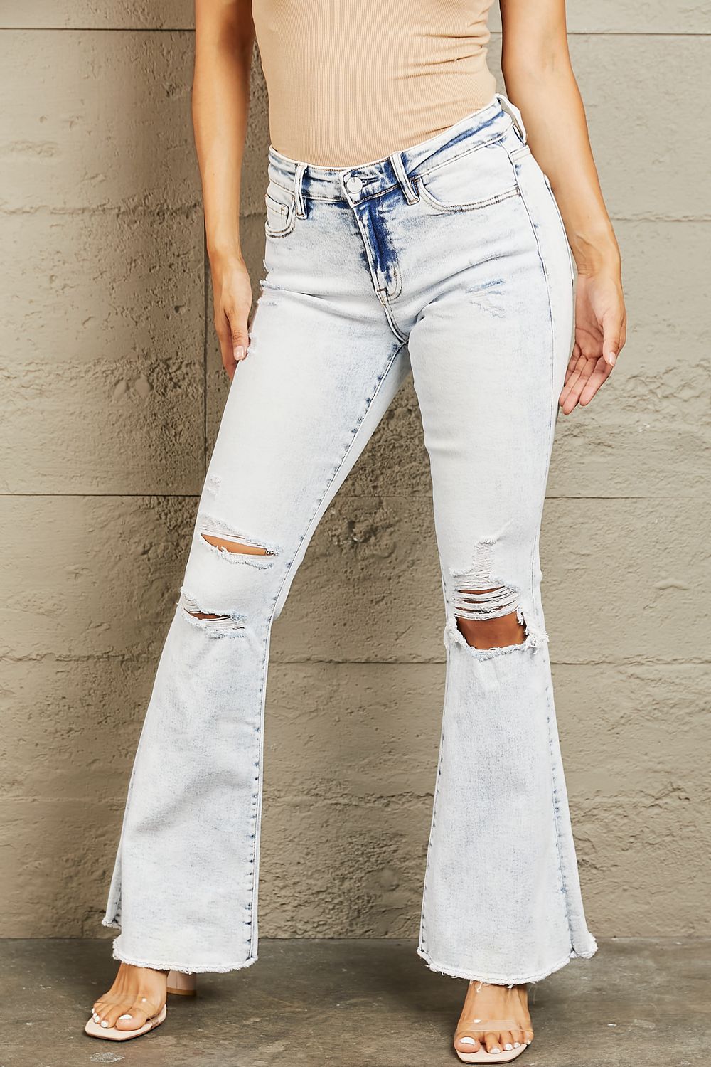 Mid Rise Acid Wash Distressed Flare Jeans