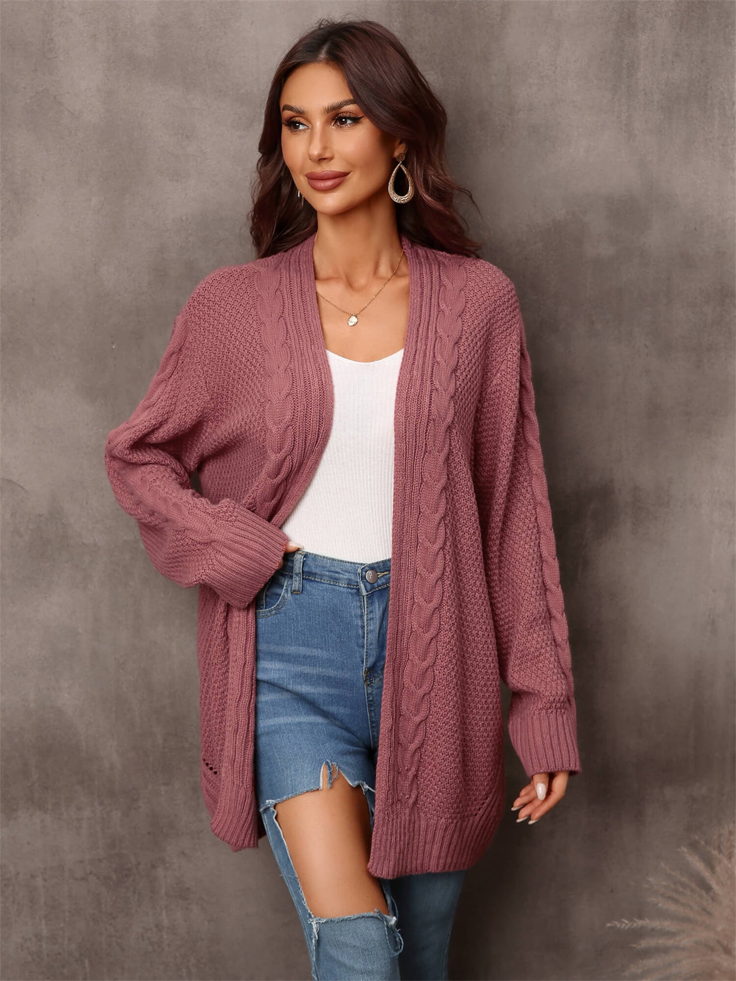 Solid Woven Knit Open Front Cardigan