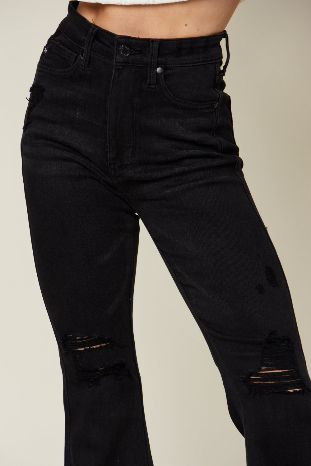 High Waist Distressed Flare Black Jeans