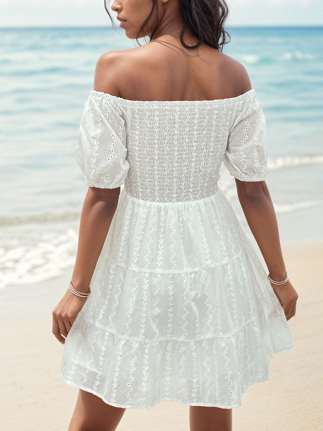 Off-Shoulder Smocked White Mini Dress