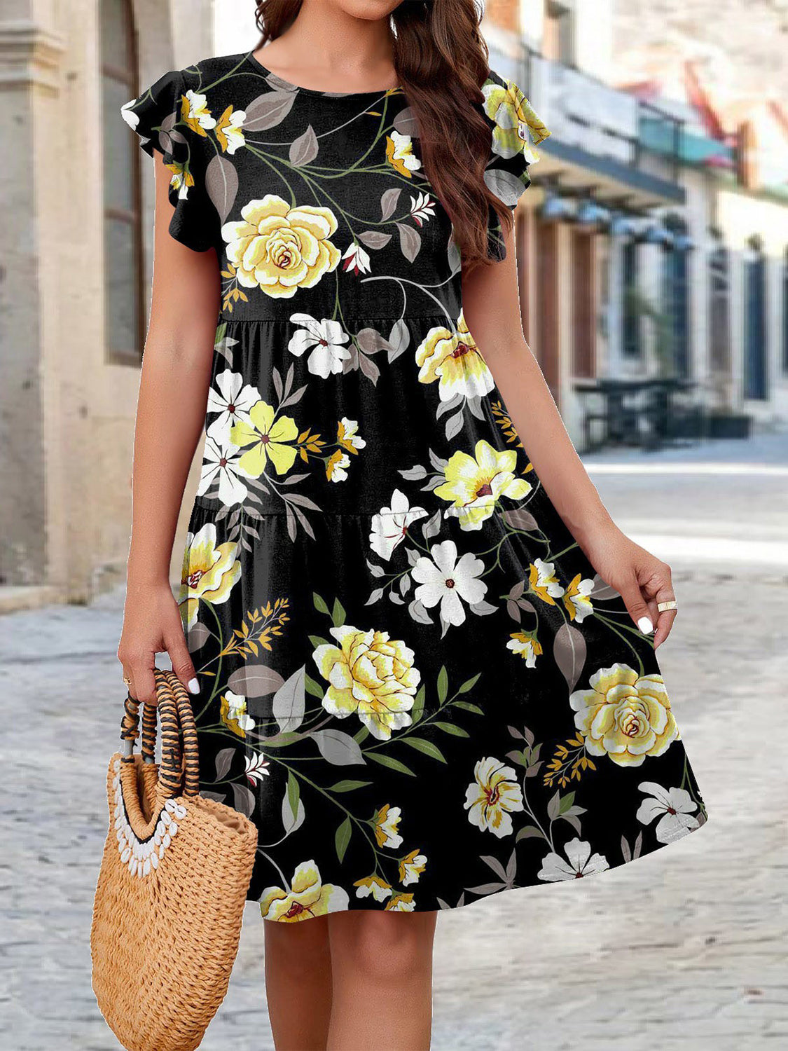 Floral Print Round Neck Tiered Dress